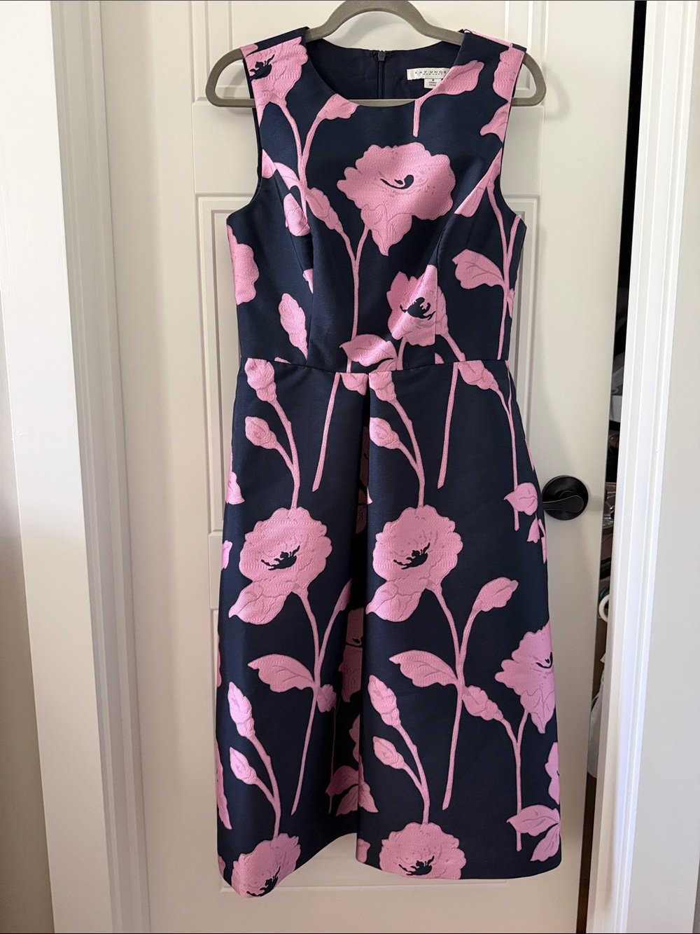 Kay Unger Navy Dress with Pink Floral Jacquard Detail
